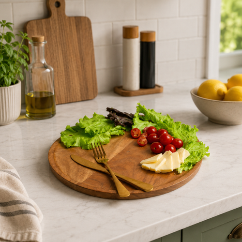 Azure Bloom Wooden Serving Platter by Intaryaa - full view