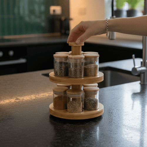 Premium Bamboo & Glass Revolving Masala Rack – 360° Spinning Kitchen Storage with 12 Jars