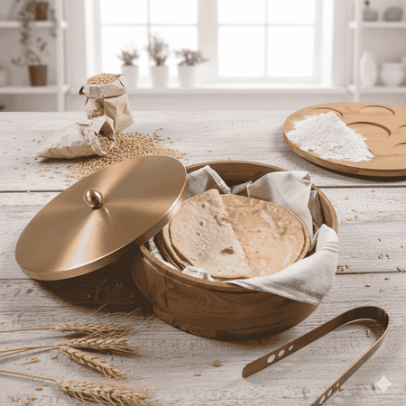 Luxury Brass & Wood Roti Box Set – Insulated Hot Pot with Gold Finish Lid & Serving Tongs