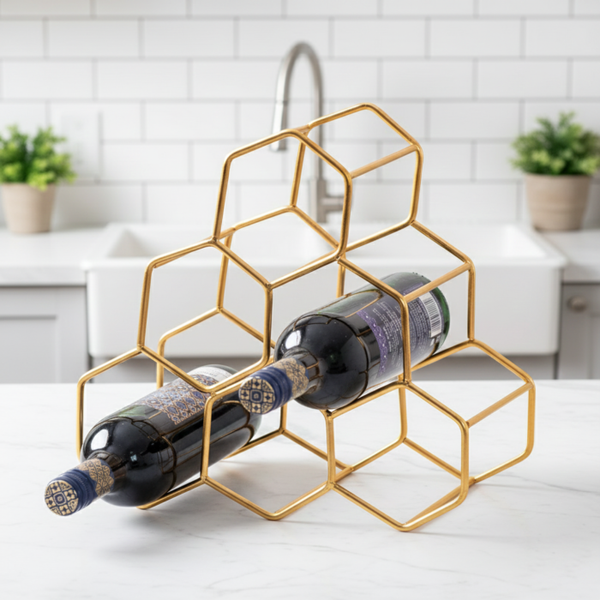 Gold Honeycomb Wine Rack | 6-Bottle Metal Wine Holder for Home Bar