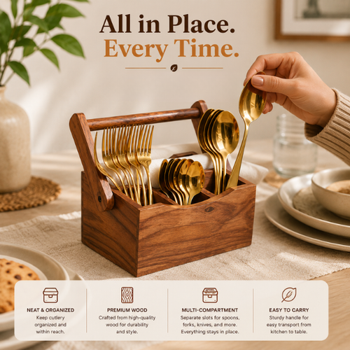 Rustic Wooden Cutlery Holder for Kitchen Counter | Spoon & Utensil Organizer Stand