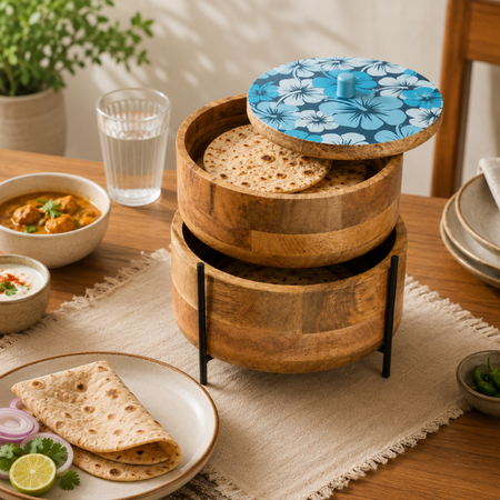 2-Tier Stackable Wooden Roti Box with Iron Stand & Floral Enamel Lid