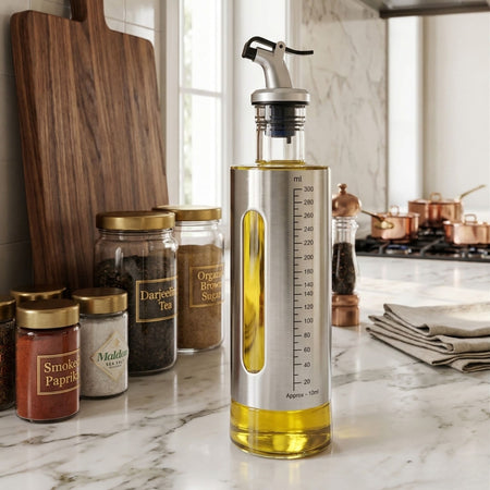 Oil Dispenser Bottle - 300ml | Glass Oil & Vinegar Pourer with Measuring Scale