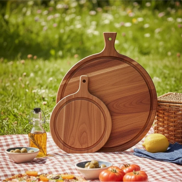 Wooden Pizza & Charcuterie Board Set of 2 with Handle | Solid Wood Serving Boards