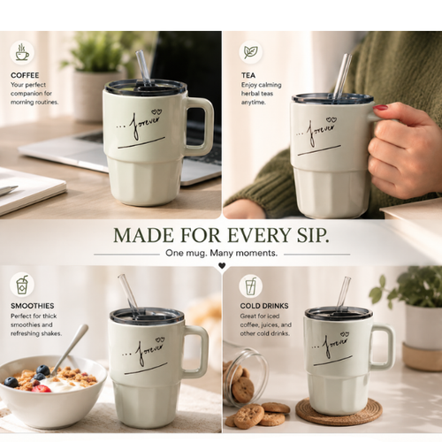 Mint Green Glass Coffee Tumbler with Straw & Spill-Proof Lid – 500 ML