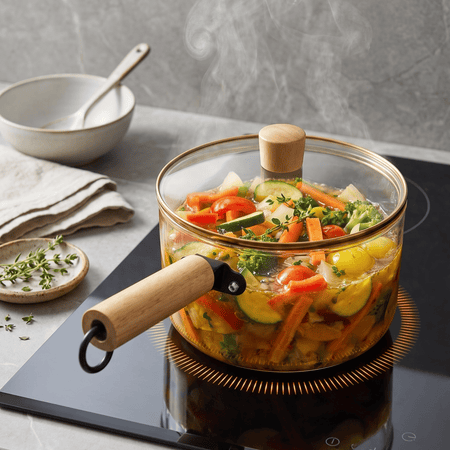 Borosilicate Glass Saucepan with Lid & Wooden Handle | Heat Resistant Cooking Pot