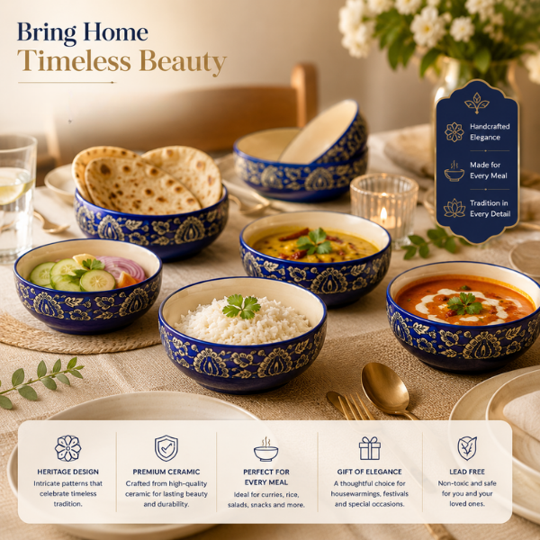 Indigo Glass Dessert Bowl Set | Ice Cream, Snack & Serving Bowls – Set of 6