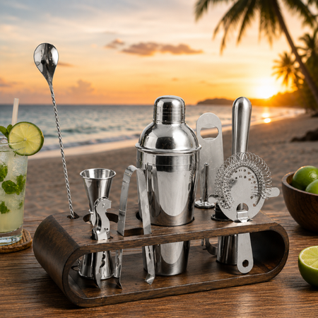 Silver Finish Bar Tool Set with Wooden Stand – Cocktail Accessories Set - 7 Pieces