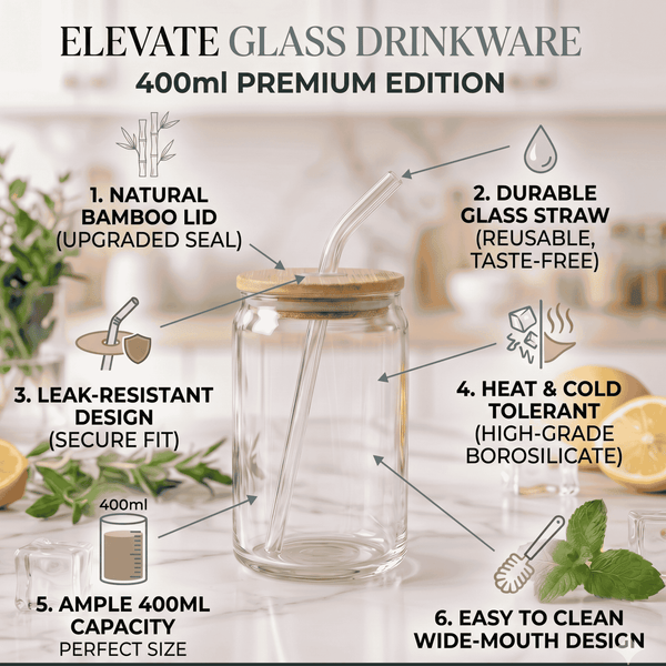 Eco-Chic Glass Tumbler Set of 2 with Bamboo Lid & Straw