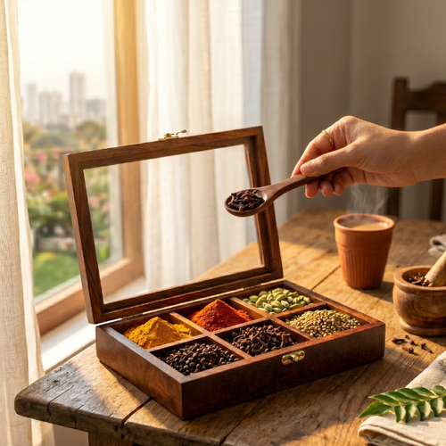 Sheesham Wood Spice Box with 6 Compartments, Glass Lid & Wooden Spoon