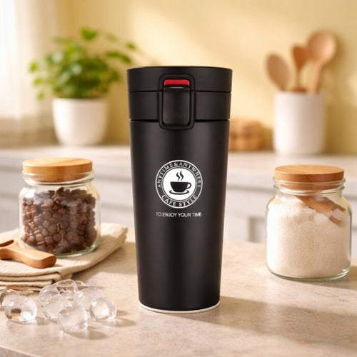 Black Vacuum Insulated Stainless Steel Coffee Mug with Lid | Leakproof Travel Tumbler – 450 ML