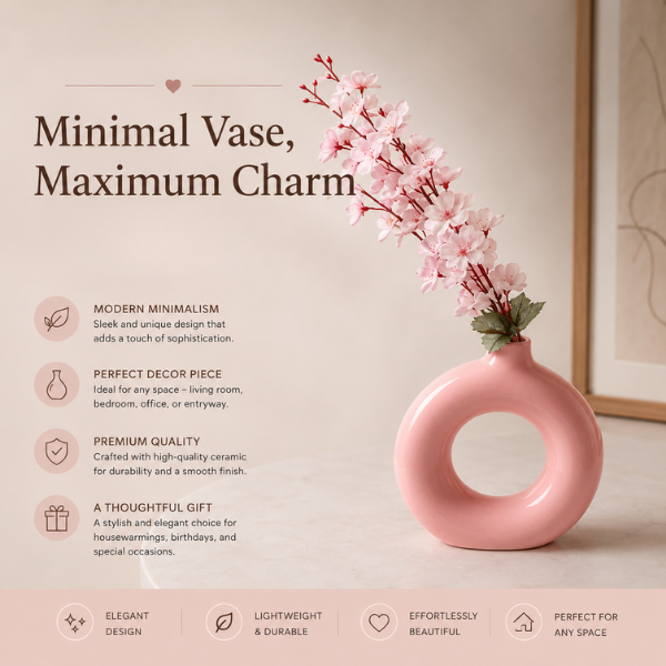 Rose Halo Vase - Pink Ceramic Donut Vase Modern Circular Hollow Flower Pot