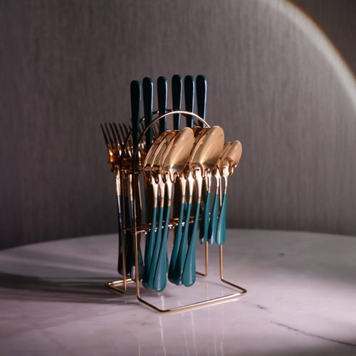 Emerald Gold Cutlery -Stainless Steel Cutlery Set with Stand: 24pc