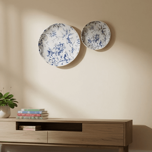 Blue and White Botanical Wall Plate Set – Decorative Ceramic Art Set of 2