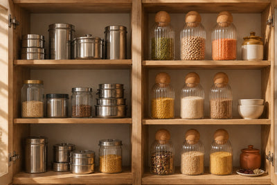 Kitchen cabinet with mismatched steel dabbas next to matching glass storage jars