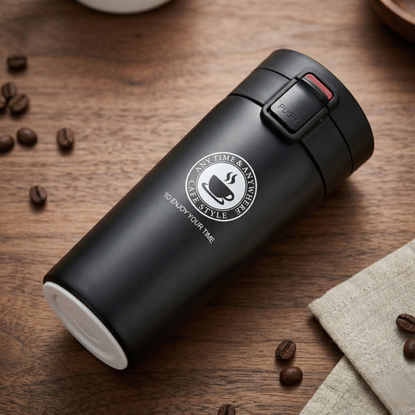 Black Vacuum Insulated Stainless Steel Coffee Mug with Lid | Leakproof Travel Tumbler – 450 ML