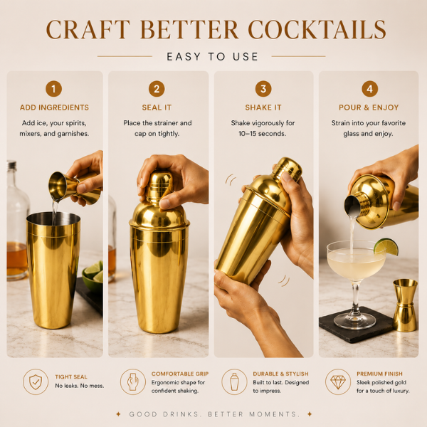 Gold Flame Cocktail Shaker | Stainless Steel Bar Shaker for Cocktails & Mocktails