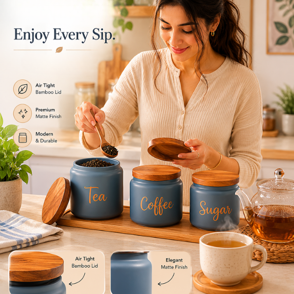 Grey Mist Ceramic Canister Set with Wooden Lid – Kitchen Storage Jars Set of 3
