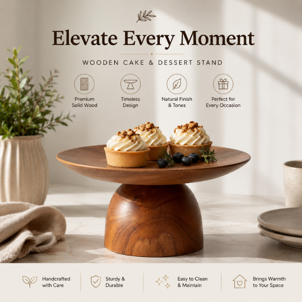 Platera Wooden Cake Stand | Walnut Finish Pedestal Stand for Cakes & Desserts