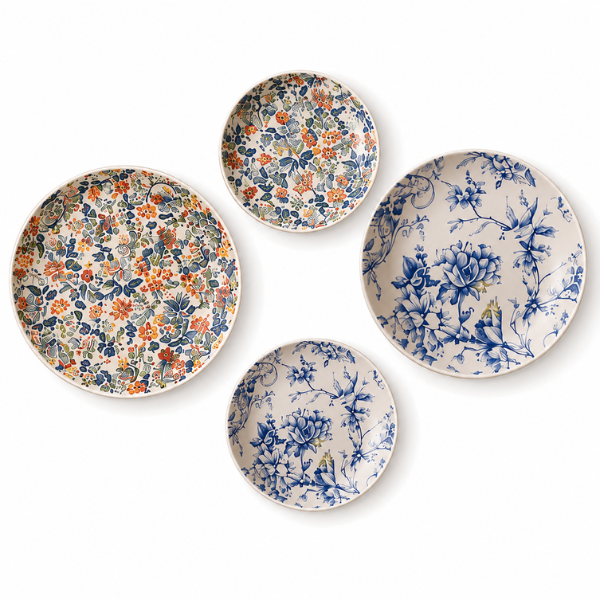 Mixed Pattern Floral Decorative Plates for Wall Display – Set of 4