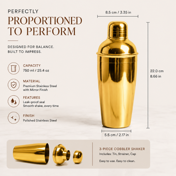 Gold Flame Cocktail Shaker | Stainless Steel Bar Shaker for Cocktails & Mocktails