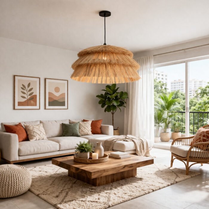 LumaDrop Pendant Light – Handwoven Shaggy Straw Pendant Light