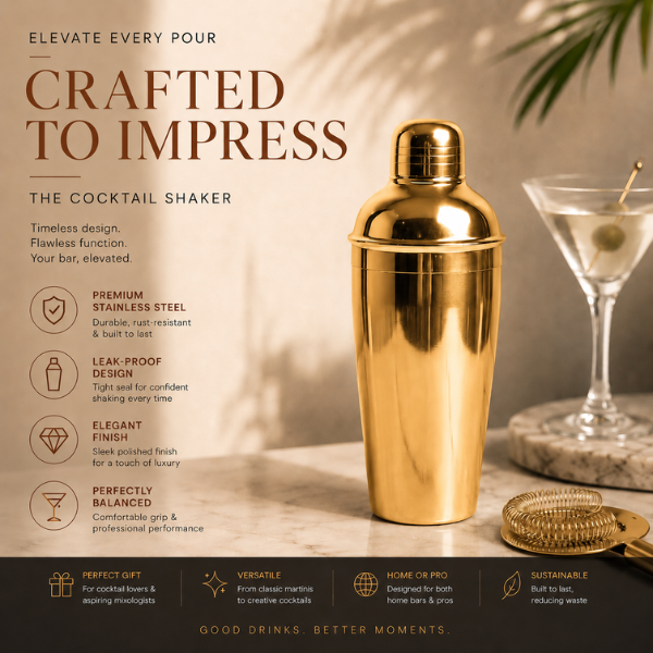 Gold Flame Cocktail Shaker | Stainless Steel Bar Shaker for Cocktails & Mocktails