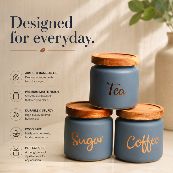 Grey Mist Ceramic Canister Set with Wooden Lid – Kitchen Storage Jars Set of 3