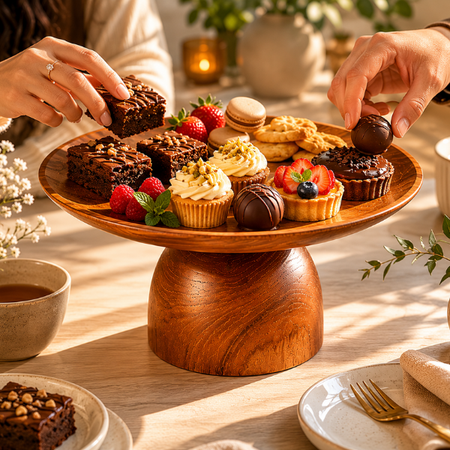 Platera Wooden Cake Stand | Walnut Finish Pedestal Stand for Cakes & Desserts