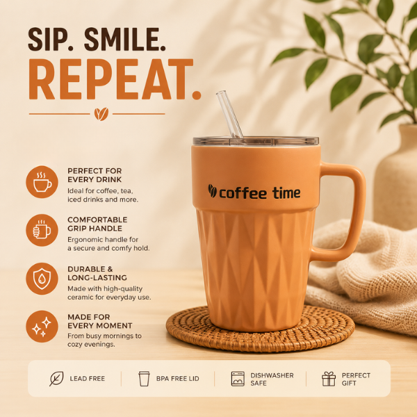 Blush Brew Insulated Travel Coffee Mug with Handle, Lid & Reusable Straw