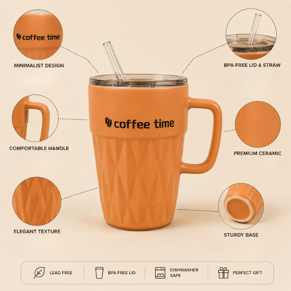 Blush Brew Insulated Travel Coffee Mug with Handle, Lid & Reusable Straw
