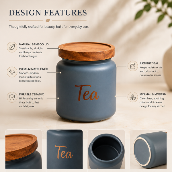 Grey Mist Ceramic Canister Set with Wooden Lid – Kitchen Storage Jars Set of 3