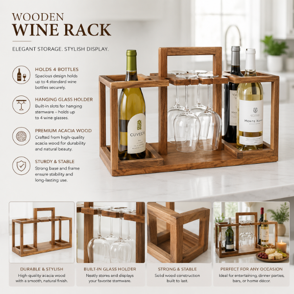 Wooden Wine Rack with Glass Holder | 4-Bottle Wine Storage Stand