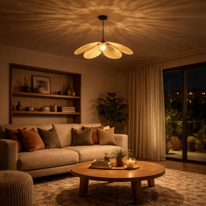SkyHalo Pendant Lamp – Woven Rattan Petal Pendant Ceiling Light