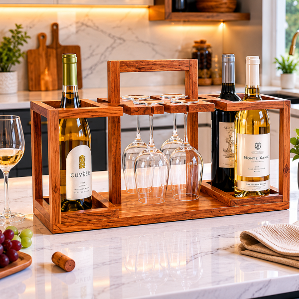 Wooden Wine Rack with Glass Holder | 4-Bottle Wine Storage Stand