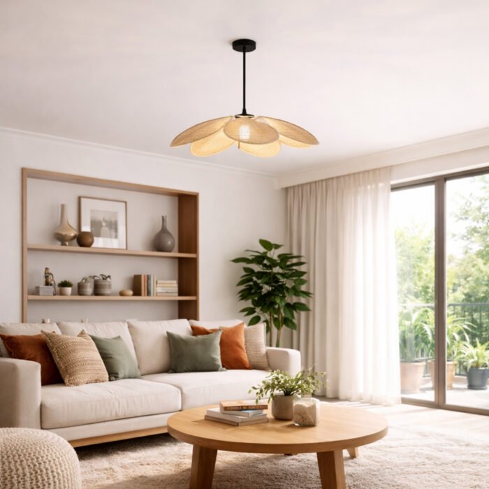 SkyHalo Pendant Lamp – Woven Rattan Petal Pendant Ceiling Light