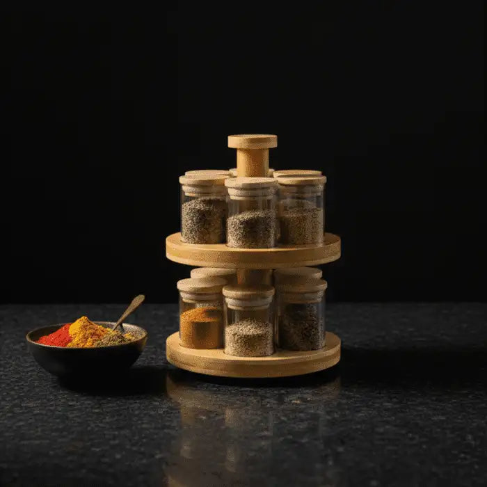 Premium Bamboo & Glass Revolving Masala Rack – 360° Spinning Kitchen Storage with 12 Jars