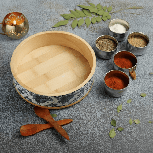 Round Wooden Spice Box with Blue Floral Enamel Art – 7 Metal Spice Jars & Spoon