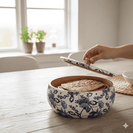 Wooden Roti Keeper with Floral Enamel Design | Insulated Roti Box for Chapati & Bread