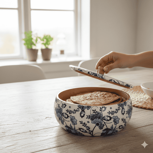 Wooden Roti Keeper with Floral Enamel Design | Insulated Roti Box for Chapati & Bread