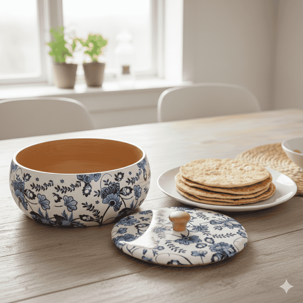 Wooden Roti Keeper with Floral Enamel Design | Insulated Roti Box for Chapati & Bread