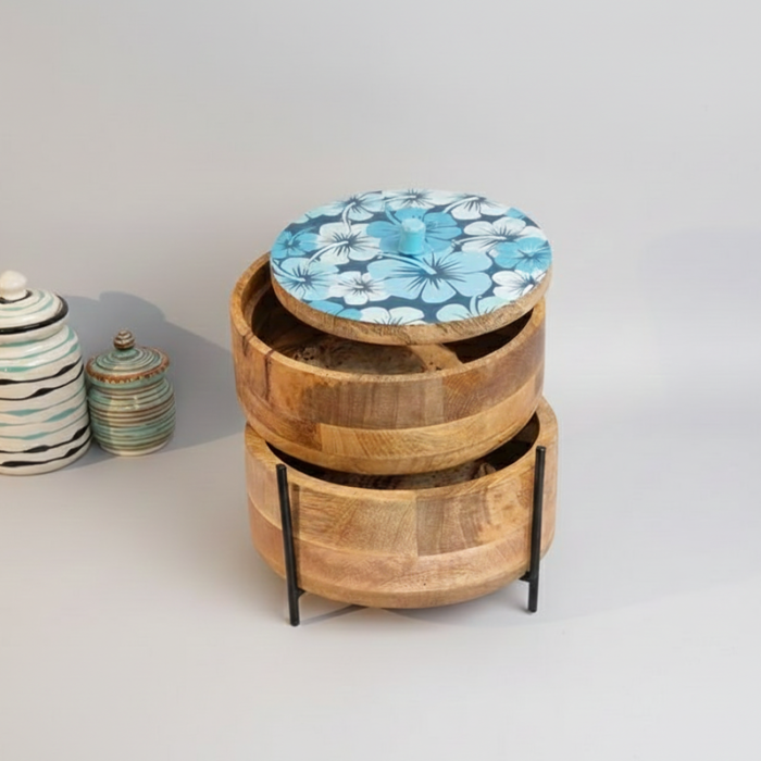 2-Tier Stackable Wooden Roti Box with Iron Stand & Floral Enamel Lid