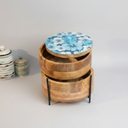 2-Tier Stackable Wooden Roti Box with Iron Stand & Floral Enamel Lid
