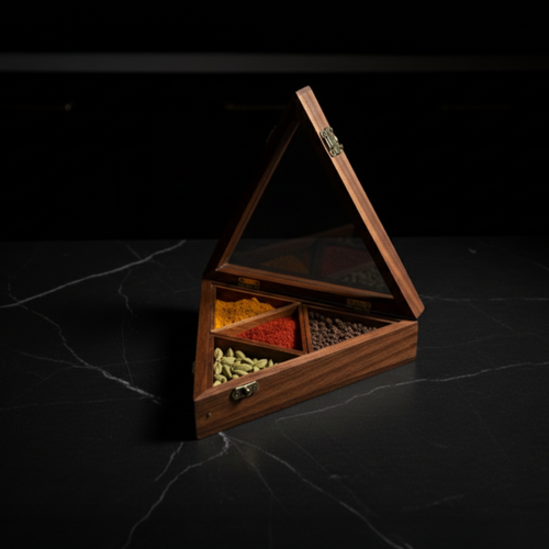 Unique Triangle Wooden Masala Box with 4 Compartments & Glass Lid