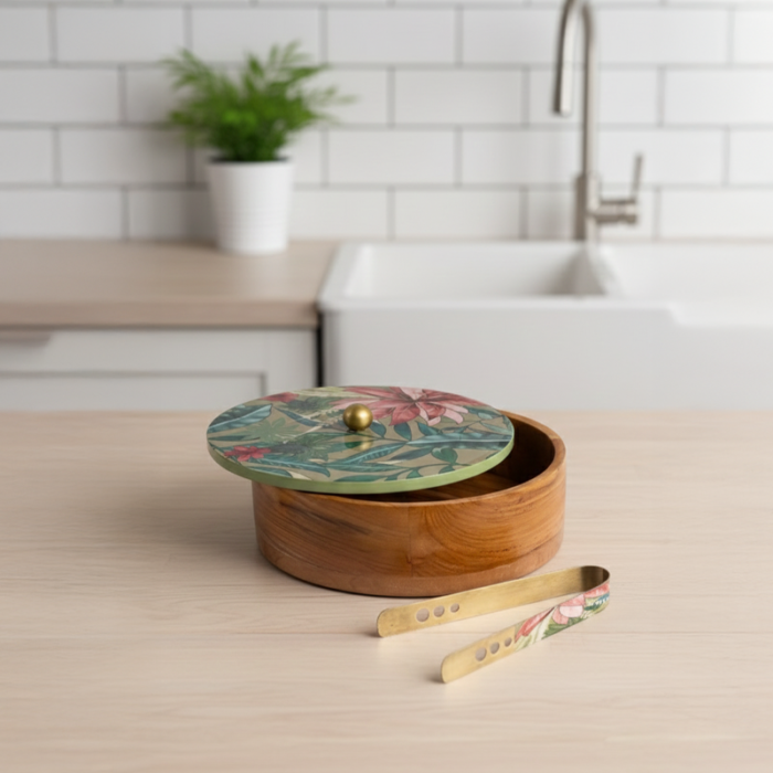 Round Mango Wood Roti Server – 9-Inch Insulated Casserole with Designer Lid