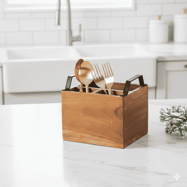 Nivara Spoon Holder-Compact Wooden Utensil Stand: 4-Section Spoon and Fork Holder