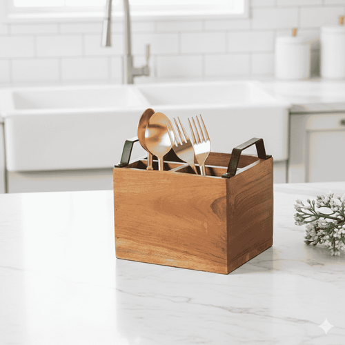 Nivara Spoon Holder-Compact Wooden Utensil Stand: 4-Section Spoon and Fork Holder