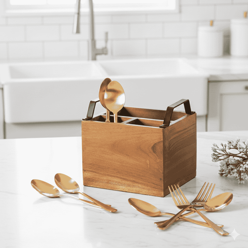 Nivara Spoon Holder-Compact Wooden Utensil Stand: 4-Section Spoon and Fork Holder