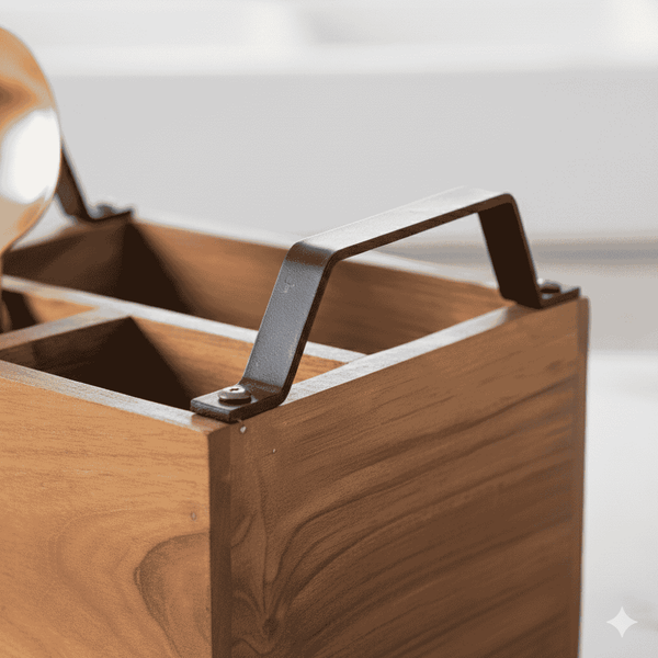Nivara Spoon Holder-Compact Wooden Utensil Stand: 4-Section Spoon and Fork Holder