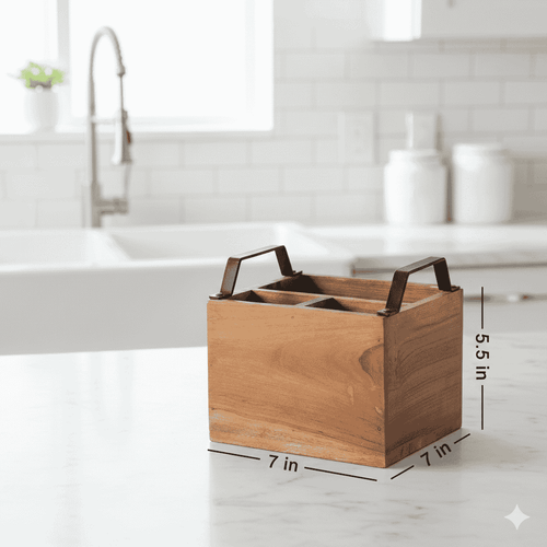 Nivara Spoon Holder-Compact Wooden Utensil Stand: 4-Section Spoon and Fork Holder